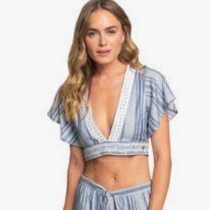 ROXY Olivia Tie Back Womens Crop Top Striped Blue White Size Medium